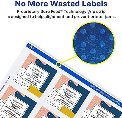 Avery® Matte White Square Labels, Sure Feed® Technology, 2" x 2", 3,000 Matte White Printable Labels