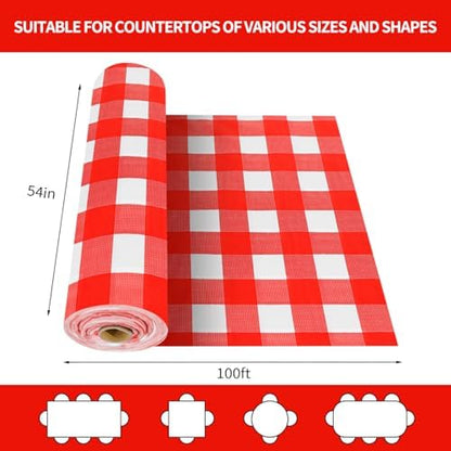 CXPSINC 54 Inch X 100 Feet Plastic Table Cover Roll Disposable Tablecloth with Slide Cutter for All Type/Shape Tables | Party, Banquet, Birthdays, Weddings(Red Checkered, 100 Feet)