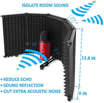 Mic Isolation Shield - Portable Studio Acoustic Sound Shield with Absorbing Foam for Microphone, Reflection Filter for Home Voice Studio (5 Panels) YOUSHARES