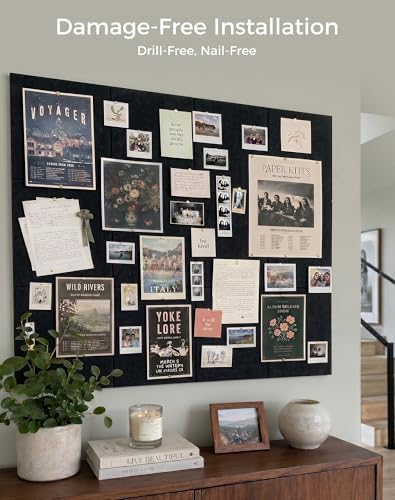 Aothia Felt Bulletin Board Tiles, 12-Pack 48"x36" Large Pin Board for Wall, Modern Cork Board Alternative for Notes, Photos, Memo & Office Organization, 70 Adhesive Tabs & 40 Push Pins - Carbon Blue
