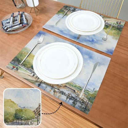 ALAZA Paris Eiffel Tower Tower Watercolor Set of 4 Placemats Rectangle Table Mat for Dining Table Restaurant Kitchen Home Decor, 12" x 18"