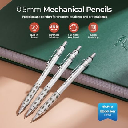 Nicpro 3 Pack Blocky Gear 0.5 mm Metal Mechanical Pencils Set with Case