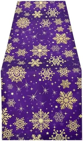 ALAZA Double-Sided Winter Violet Purple with Gold Snowflakes Christmas Table Runner 14x108 Inches Long,Table Cloth Runner for Wedding Birthday Party Kitchen Dining Home Everyday Decor