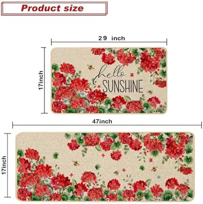 Baccessor Summer Kitchen Mats Set of 2, Geranium Floral Bee Kitchen Rugs for Floor Non Slip Absorbent Low-Profile Seasonal Farmhouse Home Decor 17x29 and 17x47 Inch