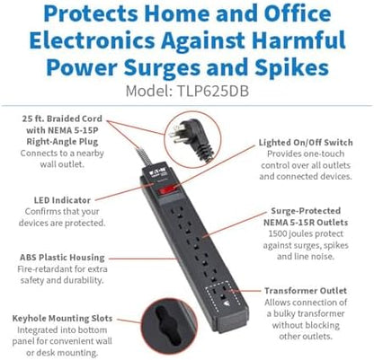 Eaton Tripp Lite Series 6-Outlet Surge Protector Power Strip, Flat Plug 25ft Braided Extension Cord, 1500 Joules, 15A Circuit Breaker, Lifetime Manufacturer's Warranty & $10,000 Insurance (TLP625DB)
