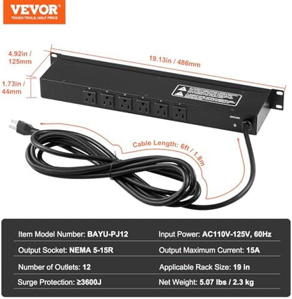 VEVOR 12 Outlet Horizontal 1U Rack Mount PDU Power Strip for Network Server Racks, Surge Protection & Overload Protection, 110-125V/15A, with 6ft 14AWG Power Cord
