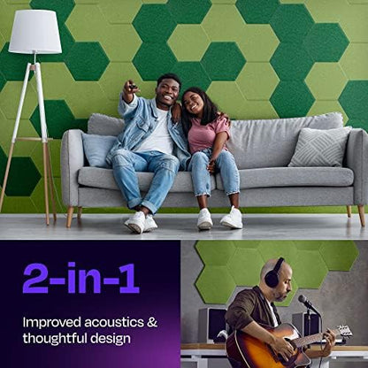 Acoustic Panels - 12-Pack Soundproof Wall Panels, 14"X12.1"X0.4", High Density Sound Dampening - Gin Green Hexagon