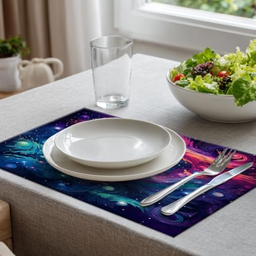 Batmerry Cosmic Swirls Stars Linen Placemats Set of 8, A Colorful Cosmic Scene Washable Table Mats for Kitchen Table Thickened Heat Insulation Dining Set Indoor Outdoor 12X18 in