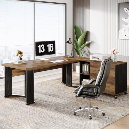 Tribesigns 70.86" Executive Desk with Mobile File Cabinet, Large L Shaped Computer Office Desk with 2 Drawers and Storage Shelves, Business Furniture Desk Workstation for Home Office (Rustic Brown)