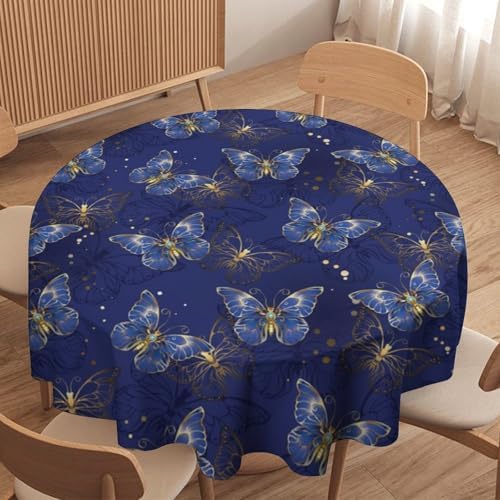 Retro Blue Butterfly Tablecloth, Luxury Golden Blue Butterfly Print Table Cover for Home Dining Decor Kitchen Party Outdoor, 70x70in