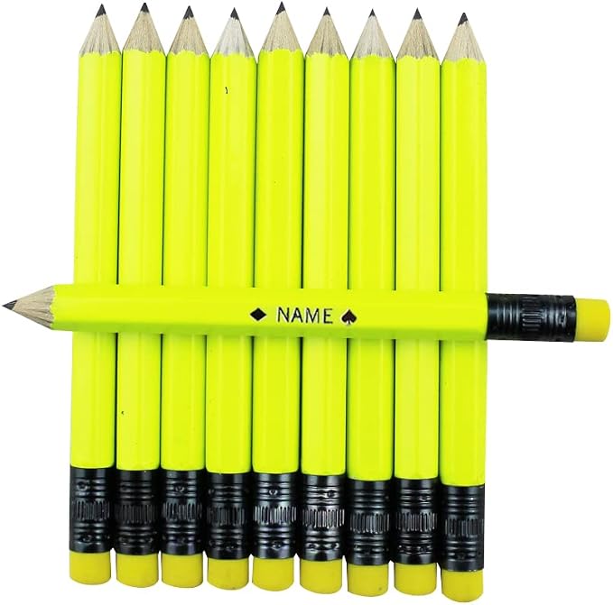 EZPENCILS & GIFTS - Golf Pencils Tipped with Eraser (1/2 a Pencil - Pew Pencils) - Neon Yellow Colored Barrel - FREE-PERSONALIZATION - 2HB Black Lead - Custom Text - Non-Smear Eraser – Package of 80