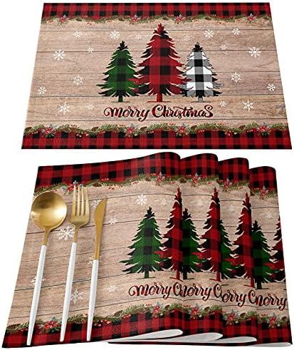 Artwork Store Merry Christmas Placemats Set of 4,Cotton Linen Table Mats Non-Slip Washable Buffalo Plaid Farm Xmas Tree Snowflake Pine Tree Placemat for Holiday Party Dining Kitchen Table Decor