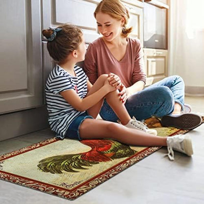 Chicken and Rooster Kitchen Rugs for Floor 2 Piece Sets, Farmhouse Decor for Rooster Kitchen Rug, Chicken Mats for Kitchen in Front of Sink for Standing for Country Kitchen Decor 17"X30"+17"X47"