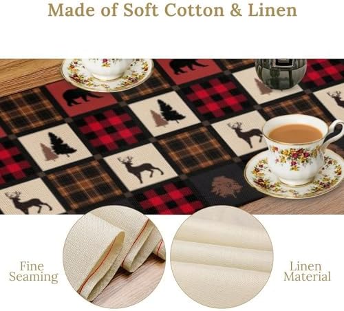 Rustic Bear Table Runner, Vintage Cottage Country Style Pine Tree Elk Wildlife Dinner Runner for Home Kitchen Dining Table Decoration 13"x108"