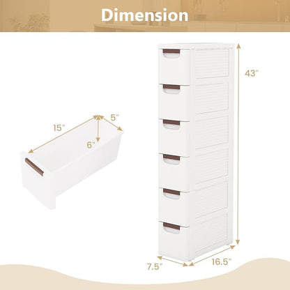 LOKO 6-Drawer Narrow Storage Cabinet, Slim Rolling Cart, Mobile Plastic Cart Container with Pull Handles, Built-in Wheels, for Living Room, Kitchen, Bathroom, Office (7.5"x16.5"x43" (6 Drawer))