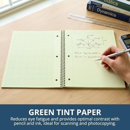 Roaring Spring Graph Ruled Spiral Engineering Notebook, Engineering Graph Paper, 24 Pack, 5x5 Enclosed Grid, 8.5" x 11", 80 Perforated Sheets, 3 Hole Punched, Green Tinted Sheets, Made in USA