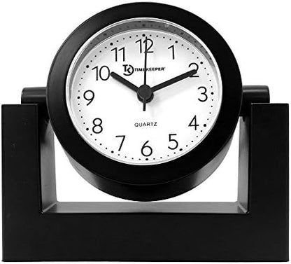 Timekeeper Small Desktop Swivel Clock for Desk, Battery Operated, 6.75" Wide x 2" Tall, Black Frame White Face