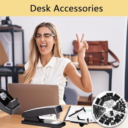 Office Supplies,Black Desk Accessories,Office Supplies Set,Stapler and Tape Dispenser Set,Scissors,Staple Remover,Binder Clips,Staples,Ballpoint Pen,Index Tabs with Ruler,Clear Tape.9pcs for Office