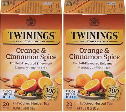 Twinings Orange & Cinnamon Spice Herbal Tea Individually Wrapped Bags, 20 Count (Pack of 2), Naturally Caffeine-Free, Enjoy Hot or Iced, 20 Teabags