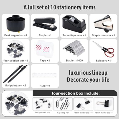 Gawsey Black Desk Organizers and Accessories with Desk Organizer 360° Rotating Pen Holder and Office Supplies, Cute Stationery Supplies Set