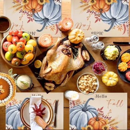 Fall Placemats Set of 6, Hello Fall Pumpkin Place Mats Maple Leaves Sunflower Bird Tablemats Harvest Thanksgiving Placemat Table Decoration for Kitchen Table Holiday Dinner Party Autumn Home Decor