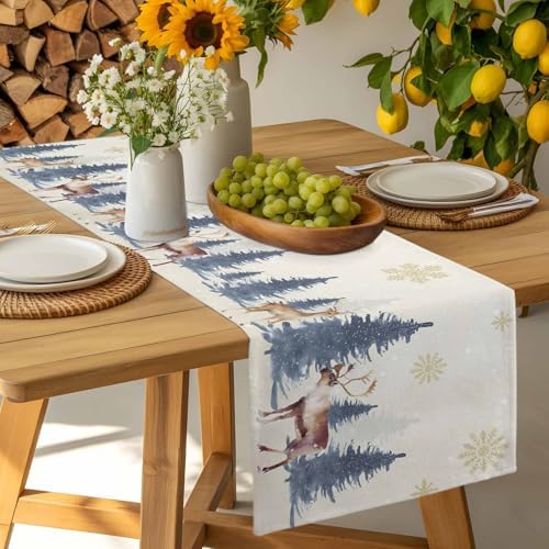 Christmas Table Runner Dresser Scarf 13 x 36 Inch Vintage PineTree Forest Elk Glod Snowflakes Linen Table Runners Non-Slip Heat Resistant Kitchen Dining Table Decor for Home Holidays Indoor Outdoor