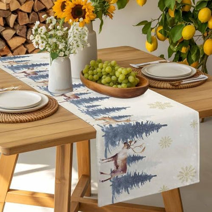 Christmas Table Runner Dresser Scarf 13 x 72 Inch Vintage PineTree Forest Elk Glod Snowflakes Linen Table Runners Non-Slip Heat Resistant Kitchen Dining Table Decor for Home Holidays Indoor Outdoor