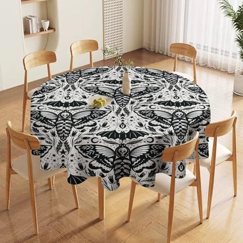 Boho Moth Tablecloth, Gothic Mysterious Halloween Black White Death Butterfly Bat Witch Print Table Cloth for Kitchen Dining Picnic Party Restaurant Decoration, 50x50in