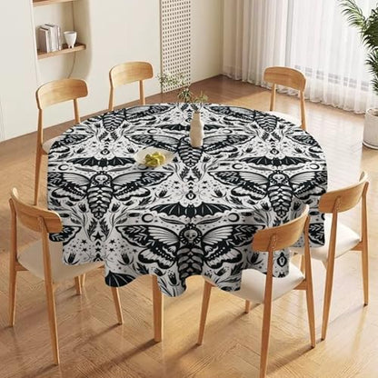Boho Moth Tablecloth, Gothic Mysterious Halloween Black White Death Butterfly Bat Witch Print Table Cloth for Kitchen Dining Picnic Party Restaurant Decoration, 50x50in