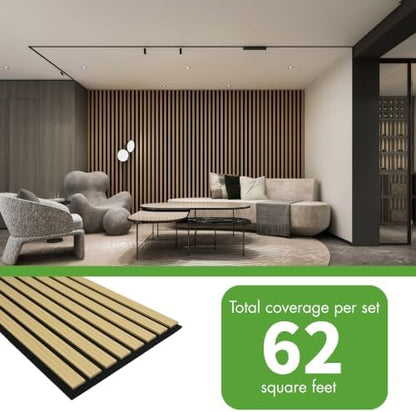 Art3d 8-Pack 12" x 93" Soundproof Wood Slat Panels, 62 sq.ft Acoustic Wall Panels, 3D Wall Panels with Wood Slat Design, Decorative Wood Wall Panel for Accent Walls-Oak