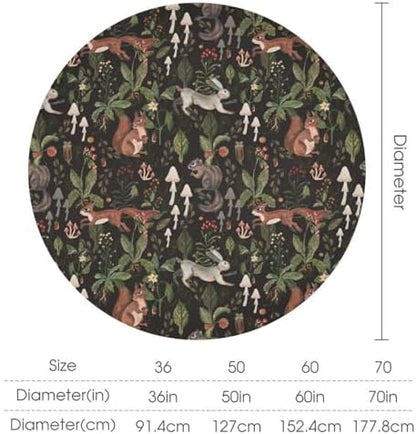 Cartoon Woodland Tablecloth, Watercolor Rustic Forest Wild Animals Bunny Rabbit Squirrel Mushroom Plants Print Table Cloth for Indoor Outdoor Dining Table Party Picnic Decor, 36x36in