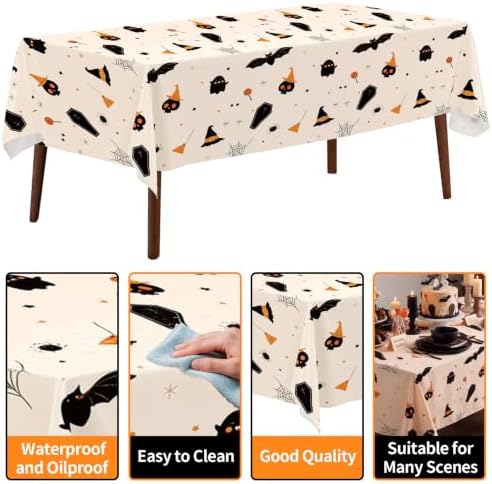 CXPSINC 54 Inch X 100 Feet Plastic Table Cover Roll Disposable Halloween Tablecloth with Slide Cutter Ghost Bat Plistic Table Covers for Halloween Party Decorations(Halloween Beige, 100 Feet)