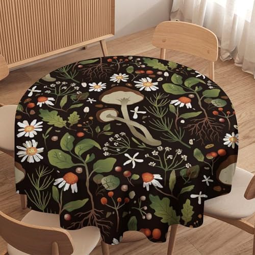 Wild Mushrooms Tablecloth, Rustic Chamomile Flowers Herbs Plants Retro Botanical Mushroom Natural Print Table Cover for Kitchen Dining Room Picnic Camping Indoor Outdoor, 50x50in