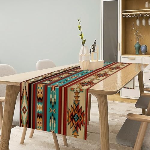 Aztec Southwest Table Runner, Ethnic Style Design Geometric Triditional Kitchen Table Runners Table Setting Decor for Garden Farmhouse Wedding Party Holiday Dinner Home, 13x90 Inch