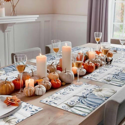 Fall Placemats Set of 4, Blue Pumpkin Place Mats White Blue Pumpkins Eucalyptus Wooden Tablemats Harvest Thanksgiving Placemat Table Decoration for Kitchen Table Holiday Dinner Party Autumn Home Decor