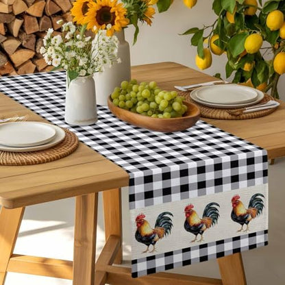 Farm Animals Chicken Table Runner Dresser Scarf 13 x 60 Inch Black White Buffalo Plaid Linen Table Runners Non-Slip Heat Resistant Kitchen Dining Table Decor for Home Holidays Indoor Outdoor