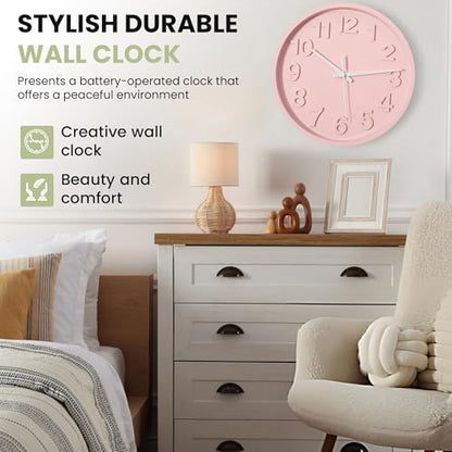Clockswise 12-Inch Modern Minimalist Round Plastic Wall Clock Pink Dial with Bold Arabic Numerals Analog Display Step Movement Easy-to-Read Timepiece for Living Room Kitchen Office Bedroom Wall Decor