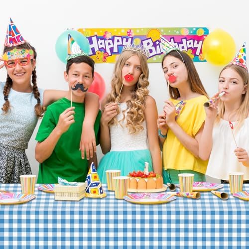 CXPSINC 54 Inch X 300 Feet Plastic Table Cover Roll Disposable Tablecloth with Slide Cutter for All Type/Shape Tables | Party, Banquet, Birthdays, Weddings(Blue Checkered, 300 Feet)