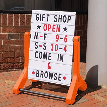 EXCELLO GLOBAL PRODUCTS Swinging Changeable Message Sidewalk Sign: 24" x 36" Sign with 792 Pre-Cut Double Sided Letters and Storage Box. Includes Black Board & Letter Board (Orange Color Legs)