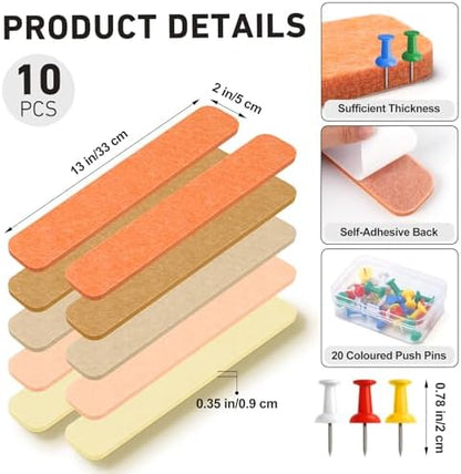 HAUTOCO Felt Bulletin Strips 10 Pack, 13" x 2" Self Adhesive Pin Board Set with 20 Push Pins, Peel and Stick Memo Board for Photos, Notes & Wall Decor, Bulk Wall Organizer for Dorm, Bedroom & Office