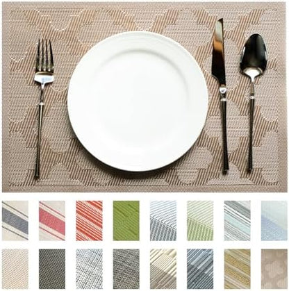 Placemats Set of 12 Vinyl/Plastic Woven Place Mats for Kitchen Table Indoor/Outdoor Washable Placemat Wipeable Dining Table Mats (Dark Brown Clover,12)