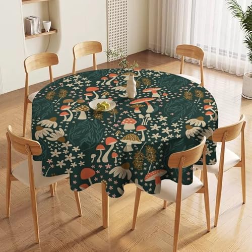 Mushroom Table Cloth, Vintage Woodland Summer Flowers Plants Forest Botanical Leaves Table Cover for Farmhouse Kitchen Dining Room Table Decor, 70x70in