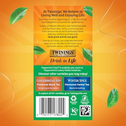 Twinings Peppermint Cheer Herbal Tea Individually Wrapped Bags, 20 Count (Pack of 2), Peppermint & Vanilla, Naturally Caffeine-Free, Enjoy Hot or Iced, 20 Teabags