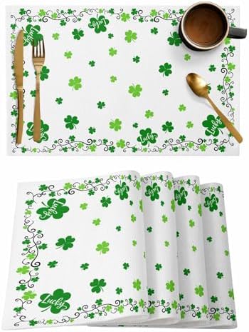St. Patrick's Day Placemats Set of 4, Green Shamrock Irish Clover Heat Resistant Washable Dining Table Mats Seasonal Spring Holiday Farmhouse Decor for Kitchen&Table Linens Outdoor Indoor