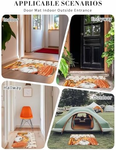 Fall Door Mat Harvest Pumpkin Doormat Orange Flower Eucalyptus Leaves Beige Harvest Thanksgiving Welcome Mat Non Slip Entryway Front Rug Floor Mat for Indoor Outdoor Kitchen Autumn Holiday Decor 20x32
