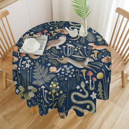 Fairy Forest Tablecloth, Retro Dark Blue Woodland Wildlife Owl Squirrel Print Rustic Flowers Mushrooms Table Cloth for Outdoor Picnic Home Dining Kitchen Table Decor, 60x60in