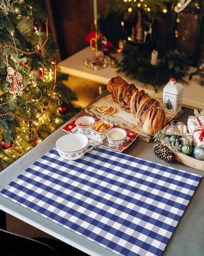 Rustic Navy Blue White Buffalo Check Plaid Pattern Placemats Set of 4, Farmhouse Heat Resistant Washable Table Place Mats Cotton Table Linens Party Holiday Decor for Kitchen Dining Outdoor Indoor