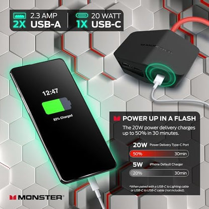 Monster Power Center Vertex XL Surge Protector With Detachable Power Strip, 10 AC Outlets, 2 USB-A Ports & 1 USB-C Port (20W)