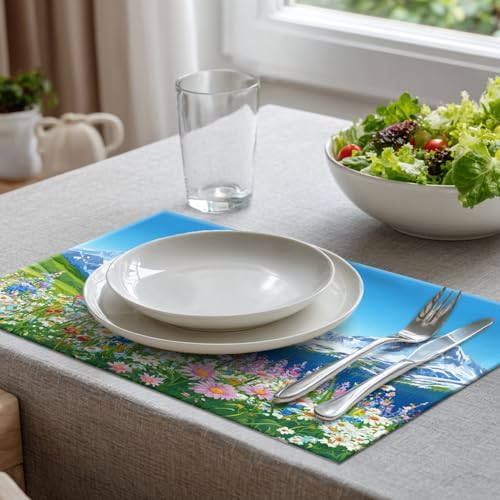 Batmerry Serene Environment Alpine Ry Linen Placemats Set of 6, Blooming Flora Mountainous Terrain Washable Table Mats for Kitchen Table Thickened Heat Insulation Dining Set Indoor Outdoor 12X18 in