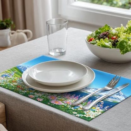 Batmerry Serene Environment Alpine Ry Linen Placemats Set of 6, Blooming Flora Mountainous Terrain Washable Table Mats for Kitchen Table Thickened Heat Insulation Dining Set Indoor Outdoor 12X18 in